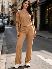 Women's Knitted Set: Blouse And Shaping Pants, Comfortable And Versatile For Everyday Wear - Khaki - View 2