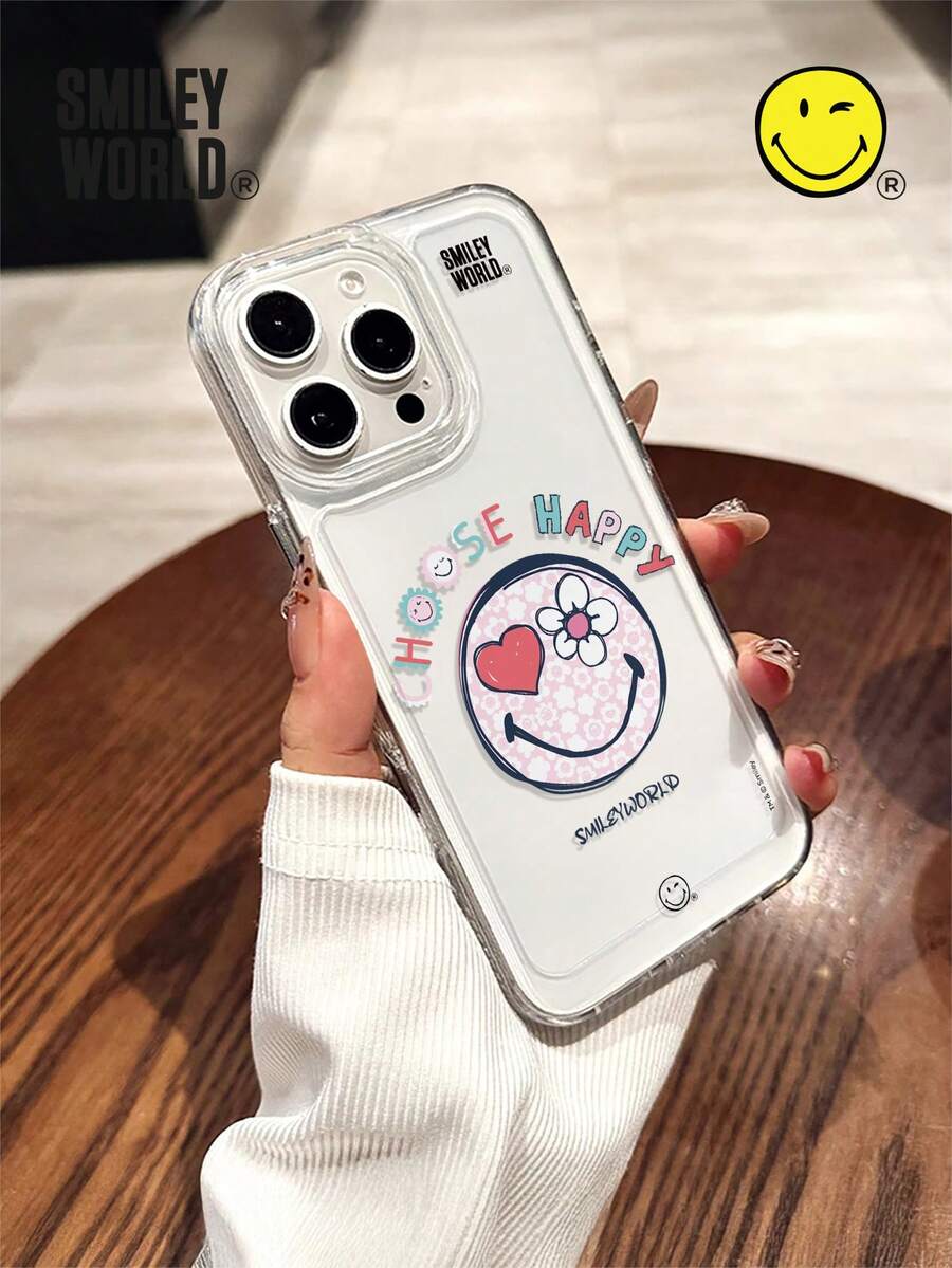 Smiley World SmileyWorld® 1 件装减震全包覆 TPU 材质透明手机壳，心形花朵笑脸字母图案，UV 印刷，兼容 17、16、15、14、13、12、11 Pro Max，适合作为节日礼物、日常通勤使用，防摔且极具吸引力的设计 - 彩色 - 查看 1