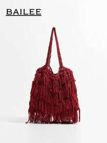 BAILEE Fashion Casual Tassel Edge Solid Color Crochet Shoulder Bag, Handmade, Foldable And Portable, Suitable For Matching Outfits And As A Gift - Multicolor - View 16