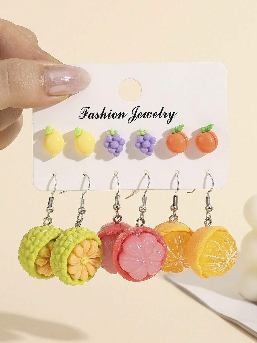 12pcs Women Dopamine Sweet Simulated Fruit Earrings Set, Funny Pineapple, Jackfruit, Orange, Grape, Lemon Pendant Earrings - Multicolor - View 1