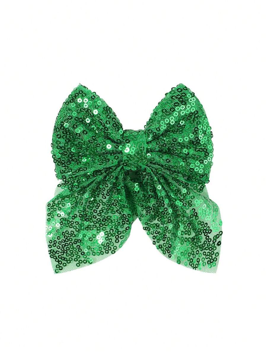 1pc Green Mesh Sequin Bow Hair Clip - Green - View 1