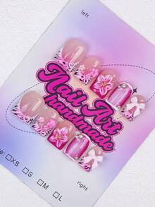 10pcs Square Shaped Handmade Nail Tips, Y2K Baddie Style, Nude, White, Red Color With French Edge, Carving, Floral, Rose Gold Metal Decor, Starry, Beaded Elements, Suitable For Party, Wedding, Daily Wear, Comes With Tool Kit, Great Gift For Women And Girls Press On Nails - Hot Pink - View 2