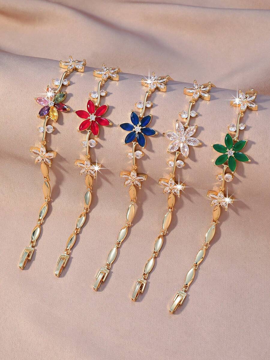 1条高品质闪亮锆石网球手链，独特花叶设计，粉色、绿色、蓝色、白色、宝石蓝、多色可选，优雅日常/节日配饰，新娘珠宝，夏季度假必备，尽显女性柔美气质，母亲节、情人节、圣诞节、周年纪念日的理想礼物，送给挚爱的完美之选。