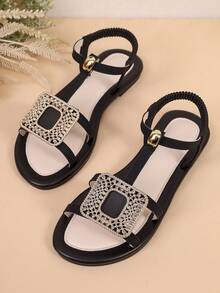 Sandal đế bằng thanh lịch cho bé gái tuổi teen, đính đá lấp lánh hình vuông, quai ngang co giãn, kiểu dáng thường ngày, thích hợp cho mùa hè. - màu đen - Xem 10