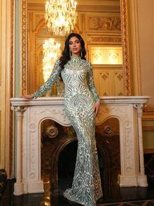 Elegantes grünes Pailletten-Meerjungfrau-Kleid für Damen mit langen Ärmeln und Stehkragen, ideal für formelle Abende und besondere Anlässe - Grasgrün - Übersicht 1