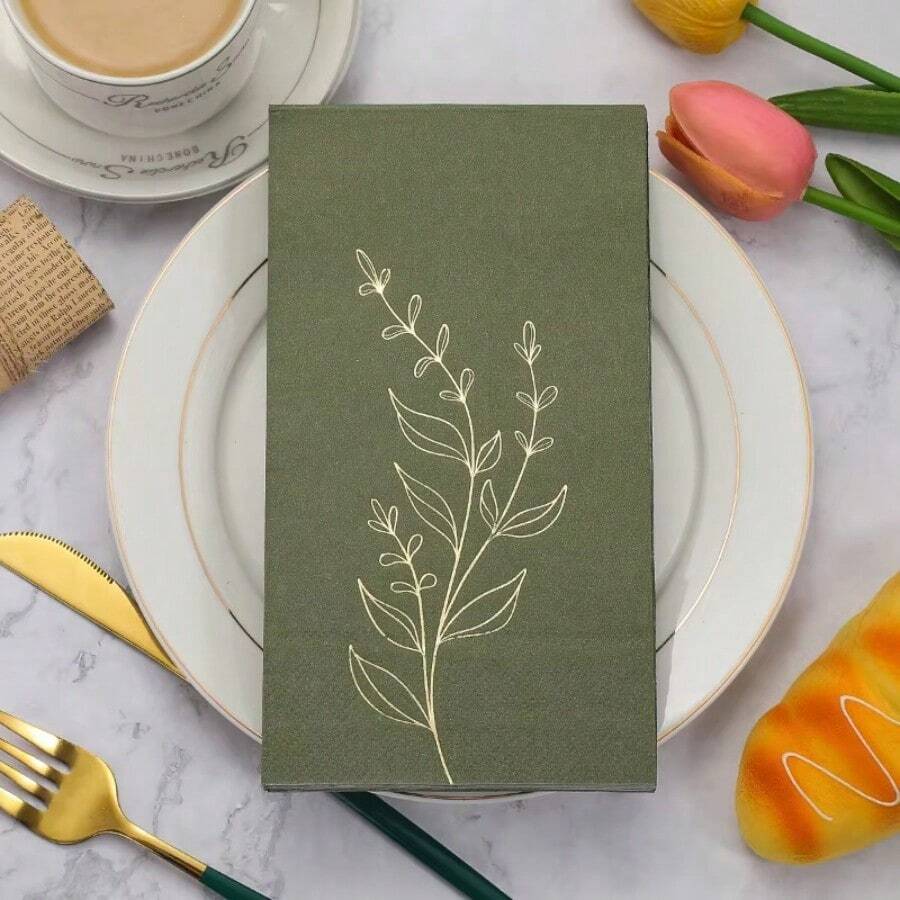 GUANYAO 20Pcs Olive Green Napkins With Gold Laurel Leaf Print, 33x40cm Rectangular Dinner Napkins For Elegant Party, Wedding, Table Decor - Green - View 1
