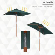 Outdoor Garden Parasol, Rectangular, Tilting, Made Of Wood And High-Density Polyester, 2 M X 1.5 M X 2.3 M, Dark Green. - Green - View 5