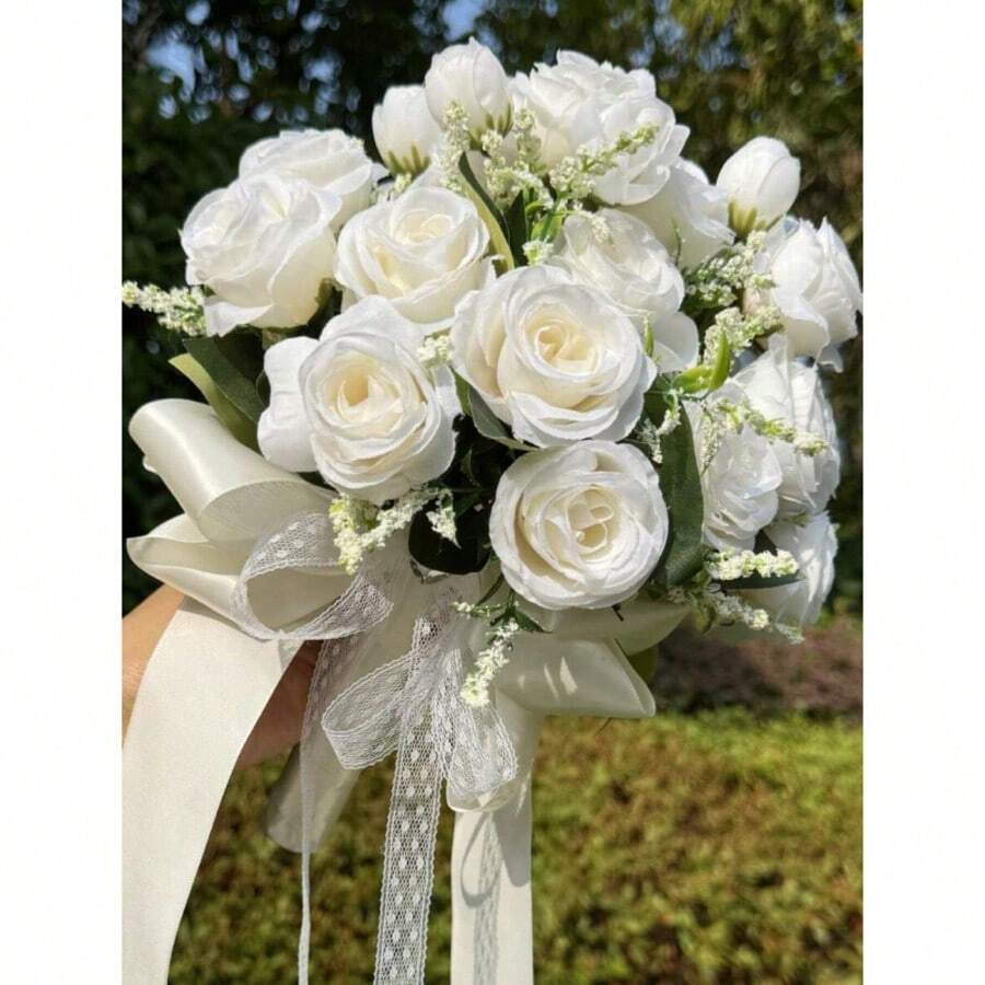 1件婚禮新娘/伴娘花束,西式人造玫瑰麥穗綠葉仿真花束,戶外婚禮新娘攝影蕾絲花苞道具花束,情人節宴會新娘拋花道具 - 彩色 - 查看 1