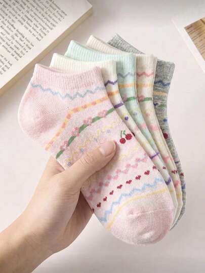 4 Pairs Random Breathable Absorbent Cute Cartoon Bow, Heart, Cherry Patterned Ankle Socks, Casual For School, Work