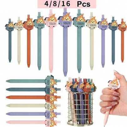4/8/16支装垃圾桶火焰主题圆珠笔，黑色墨水，按动式书写笔，趣味十足的办公室圣诞礼物，送给同事的理想之选，垃圾桶火焰主题桌面配件 - 批量购买，可作为员工圣诞礼物，办公室团队
