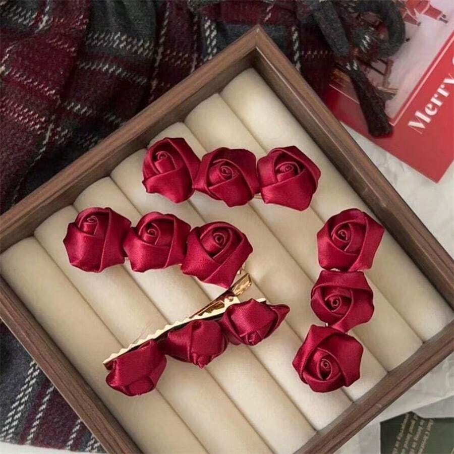 1/2/3/4PCS Romantic Burgundy Rose Hair Clips Made Of Premium Satin. Secure Non-Slip Metal Clip, Gentle On Hair. Perfect For Elevating Hairstyles For Weddings, Dates, Holidays, Or Everyday Looks. Ideal Gift For Her! - Red Roses - View 1