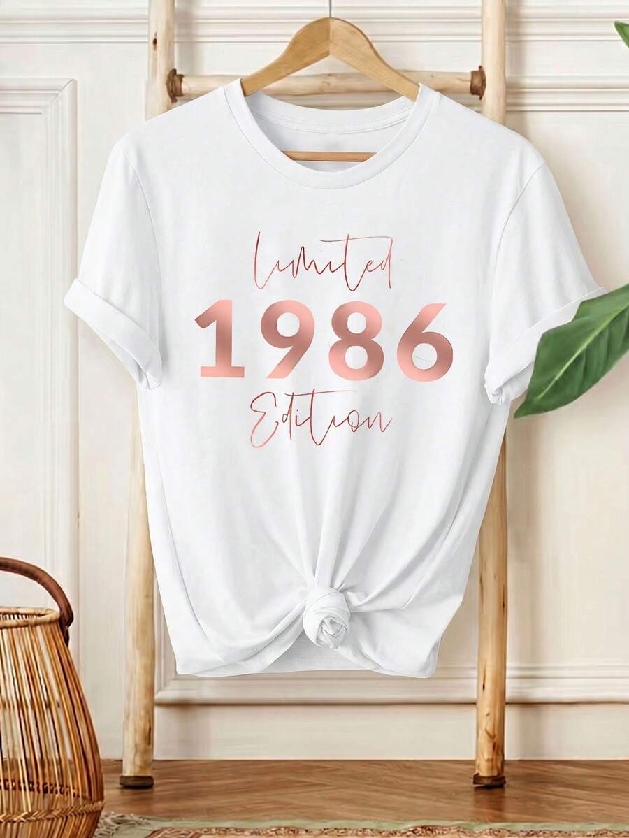 Áo thun nữ tay ngắn in chữ phiên bản giới hạn năm 1986, kiểu dáng thoải mái, đa năng, cổ tròn, thời trang nữ mùa xuân/hè, phù hợp mặc hàng ngày, đi chơi và tụ họp, có cả size lớn. - trắng - Xem 1