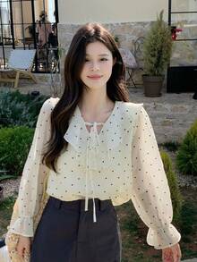 Ruffled Polka Dot Korean Style Blouse, Loose Fit Flattering Spring New Arrival Top - Apricot - View 3