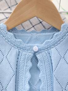 Girls' Spring Elegant Hollow Design Argyle Pattern + Lace Trim Knit Cardigan, Soft And Sweet, Suitable For Daily Wear Or Outings - Baby Blue - View 2