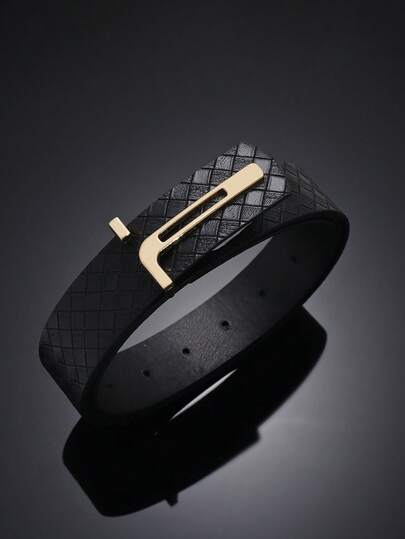 1条字母T形扣编织纹理PU装饰女士时尚仿皮腰带，金属针扣 - 时尚设计师腰带，休闲配饰 | 时尚腰带 | 精致工艺，适合夏季、校园休闲、商务场合，可作为送给男友、丈夫、父亲、男士的礼物，日常佩戴，时尚百搭，青少年适用，户外