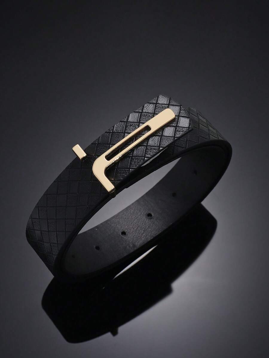 1pc Letter T-Shape Buckle Woven Texture PU Decorative Women's Fashion Faux Leather Belt, Metal Pin Buckle - Fashion Designer Belt, Casual Accessory | Stylish Belt | Exquisite Craftsmanship, Suitable For Summer, Campus Casual, Business Occasions, Gift For Boyfriend, Husband, Father, Men, Daily Wear, Fashionable, Teenagers, Outdoor - Black - View 1