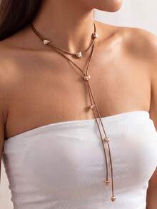 1pc Minimalist Retro Black Cord With Metal Ball Multilayer Y-Necklace, Suitable For Daily Wear, Party, And Vacation - Brown - Heart - View 3