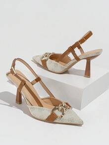 Giày sandal cao gót màu be thanh lịch với họa tiết hoa, thiết kế phối màu tương phản mùa hè, giày cao gót nữ thêu hoa trang trí dây xích, giày cao gót mũi nhọn hở gót có quai hậu thời trang, phù hợp cho kỳ nghỉ hè, đi chơi hàng ngày, dự tiệc, lễ hội âm nhạc, trang phục trang trọng, gót thấp phối màu tương phản - Màu be - Xem 12