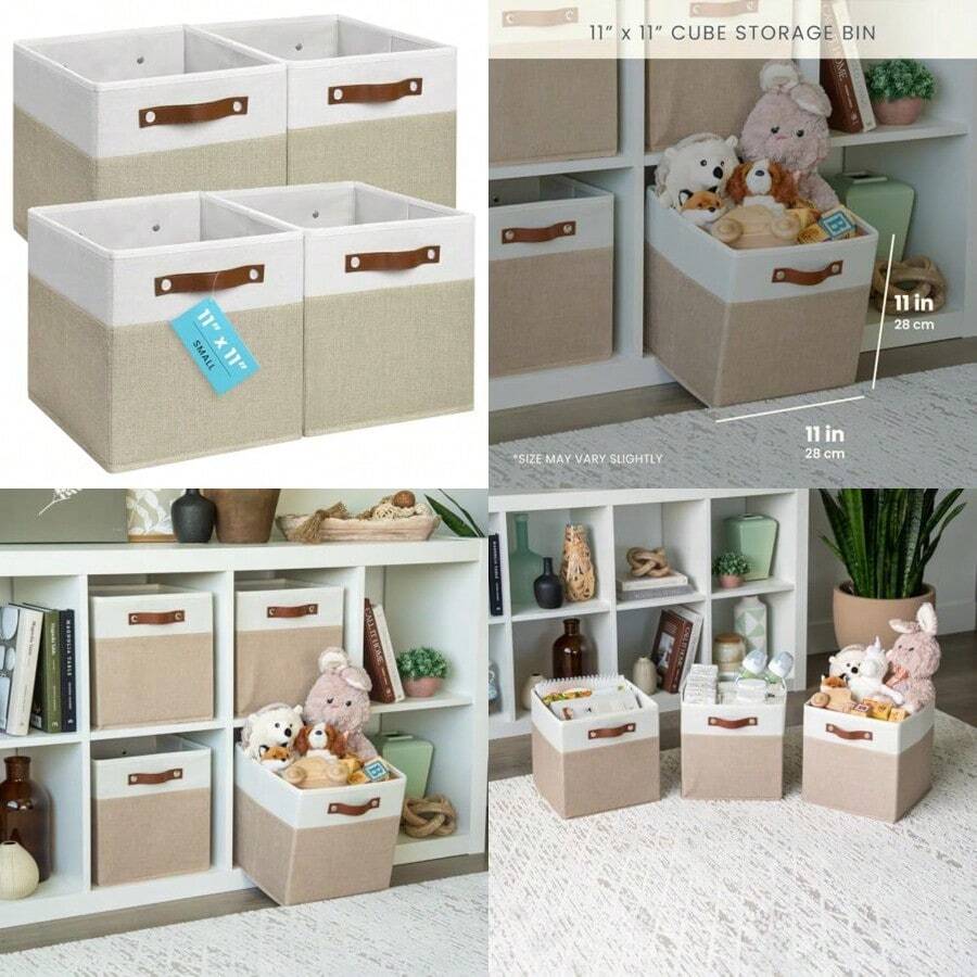 OrganiHaus Cajas de Tela 28x28 cm Set de 4 Plegables para Juguetes Ropa y Kallax - Beige/Blanco - Beige / Blanco roto - Ver 1