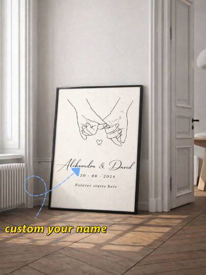 Custom 2D Flat Unframed Poster, Gifts For Couples, Personalized Name Print For Valentine'S Day Featuring Holding Hands Line Art. Artwork Of Couple'S Hands For Wedding Anniversaries, Canvas Wall Art, Posters And Prints, Decorative Wall Painting For C