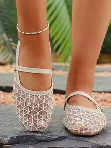 Giày bệt nữ thời trang mới, kiểu dáng casual, chất liệu lưới phối màu tương phản, màu be, thích hợp cho đi làm hàng ngày, hẹn hò, du lịch (Họa tiết không đều) - Màu be - Xem 6