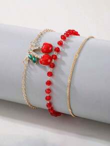 3pcs Red Beaded Multi-Layer Anklet, Cherry Foot Chain - Gold Butterfly Anklet 4 Pieces - View 3