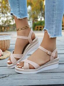 Giày sandal nữ mùa hè cổ điển đế xuồng màu vàng kim, đế dày, kiểu dáng thường ngày đi biển, thoải mái, đa năng, quai chéo bằng vải màu hồng, mũi tròn, giày sandal đế xuồng cổ điển dành cho nữ, khóa chéo thanh lịch, thoải mái để mang trong nhà. - Màu Hồng baby - Xem 3