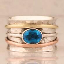 Women's Wide Band Ring, Vintage Tri-Color Design, Inlaid With Blue Synthetic Cubic Zirconia, Creates Party Atmosphere - Multicolor - View 1