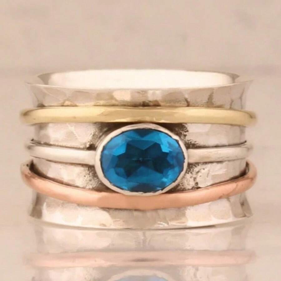 Women's Wide Band Ring, Vintage Tri-Color Design, Inlaid With Blue Synthetic Cubic Zirconia, Creates Party Atmosphere - Multicolor - View 1