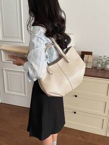 Women's Solid Color High-Quality Leather Large Capacity Handbag, Shoulder Bag, Tote Bag For Daily Use - Beige - View 6