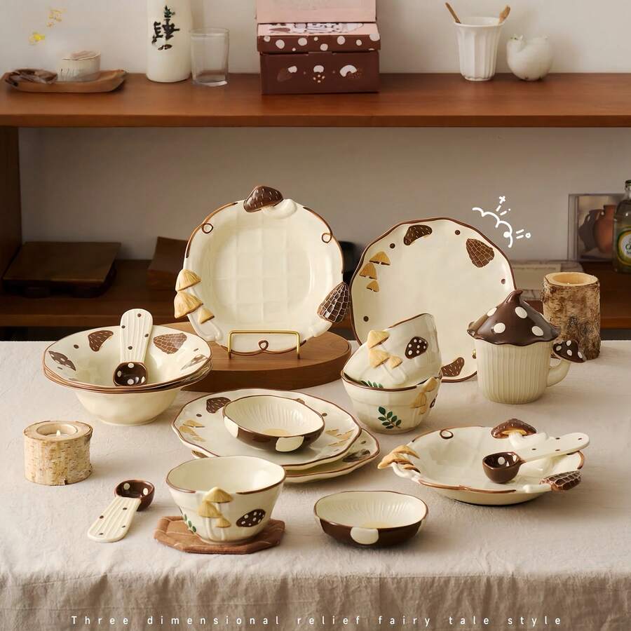 Japanese Style Mushroom Tableware Set, Handmade Asymmetrical 3D Embossed Hand-Painted Plates, Dishwasher And Microwave , Multi-Purpose For Pasta, Salad, Dessert, Soup, Dipping Sauce, Home, Party, Banquet, Wedding, Birthday, Couple, Graduation, Back To School Gift - Multicolor - View 1