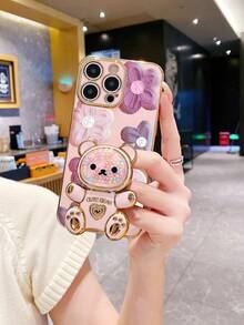1 ốp lưng điện thoại TPU mềm mạ điện màu hồng họa tiết hoa chống sốc & 1 giá đỡ hình gấu lấp lánh - Ốp lưng điện thoại đa năng, sáng tạo, che phủ toàn diện - Nhiều màu - Xem 4