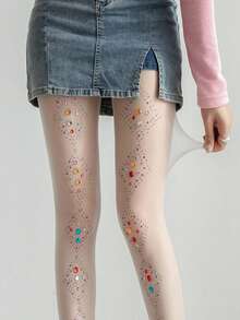 1 Pair Rainbow Diamond Rhinestone Tights - Available In Black, White, And Beige. High-Waisted Design To Prevent Slipping. Suitable For Wearing On Various Festive Occasions And Sharing On Social Media. - Multicolor - View 6