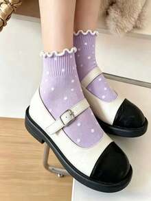 10 Pairs Women's Purple Sweet Ruffle Edge Fresh Heart Pattern JK Style Comfortable Breathable Short Socks - Purple - View 7
