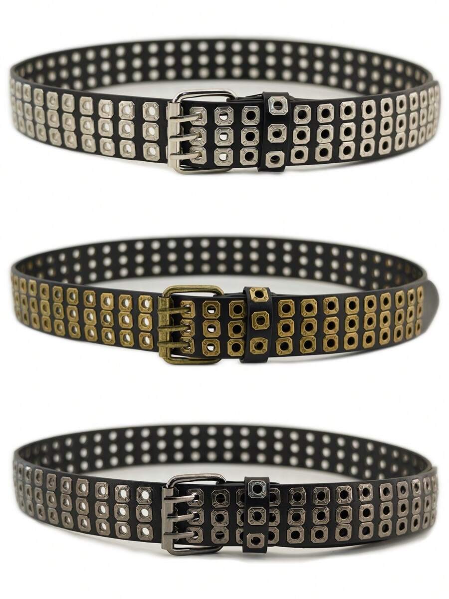 Cinto feminino estilo cowboy retrô com ilhós, três fileiras de detalhes vazados, estilo punk casual com tachas, ideal para mulheres com curvas. - Cinto de ilhós quadrado de três fileiras - Ver 1