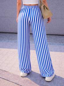 Women's Striped Wide-Leg Pants With Elastic Waistband And Pockets - sọc xanh - Xem 2