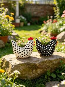Resin Chicken Shaped Planter, Polka Dot Hen Planter Suitable For Succulents And Plants, Cute Animal Shaped Planter For Indoor And Outdoor Decor, Chick Planter Container For Home And Garden, Charming Rustic Style Planter For Desk, Balcony And Yard - Polka Dot Chicken Flower Pot - View 2