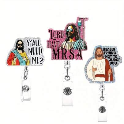 1 kẹp thẻ acrylic có thể thu gọn, cuộn dây đeo thẻ y tá hài hước với dòng chữ "Jesus, You All Need Me" và "God Has MRSA", thích hợp cho nhân viên y tế, trợ lý điều dưỡng, y tá, bác sĩ, điều dưỡng.
