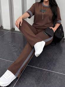 女款新款圓領短袖T恤與彈性腰鬆身長褲2件套，休閒日常穿搭，春/秋/夏 - 咖色235 - 查看 8