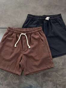 Kit Of 2 Stylish Men's Linen Shorts, Perfect For Summer, Preppy, Winter, Brazil, World Cup, Mother's Day. - Nâu và đen - Xem 3