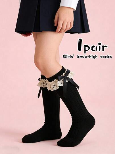1 Pair Girls' Sweet Cute Long Tail Bow Solid Color Knee High Socks, Hollow Lace Trim Long Socks For Spring, Autumn & All Seasons, Suitable For Girls To Pair With School Uniforms