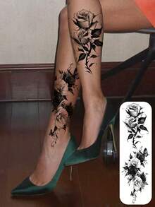 2pcs Butterfly & Rose Temporary Tattoo Stickers, Waterproof And Easy To Use Fake Tattoos With Butterfly Pattern, Suitable For Women's Arms, Hands, Feet, Legs, Perfect For Parties And Music Festivals - Black - View 1