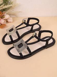 Sandal đế bằng thanh lịch cho bé gái tuổi teen, đính đá lấp lánh hình vuông, quai ngang co giãn, kiểu dáng thường ngày, thích hợp cho mùa hè. - màu đen - Xem 9