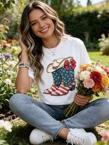 Camiseta de cuello redondo para mujer con diseño de botas y sombrero de vaquero patriótico y bandera estadounidense, manga corta, estilo casual de verano para la celebración del Día de la Independencia. - Blanco - Ver 3
