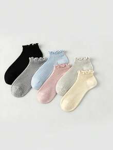 6 Pairs/12 Pairs Spring & Summer New Solid Color Minimalist Ruffle Edge Comfortable Thin Ribbed Socks, Essential For Sweet Style Outfit - Multicolor - View 2
