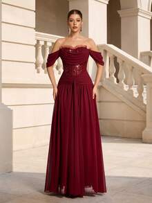 VIPGIRL Elegant Luxury Burgundy Open Shoulder Evening Dress - With Sequin Embellished Bodice And Flowing Chiffon Dress, Suitable For Formal Dinners, Galas And High-End Events Party Wedding Spring - Burgundy - View 2
