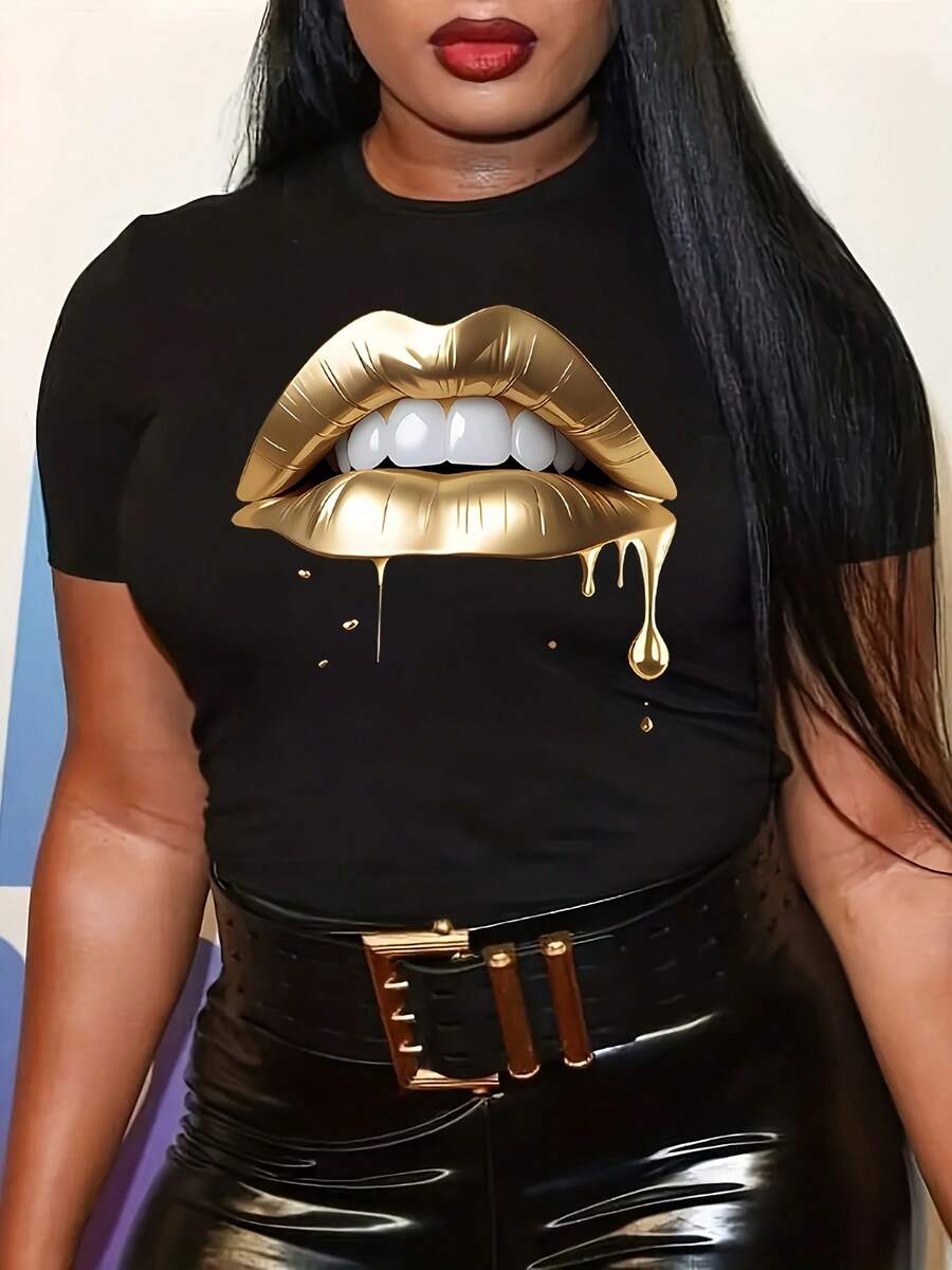Women's Plus Size T-Shirt With Print - Black - View 1