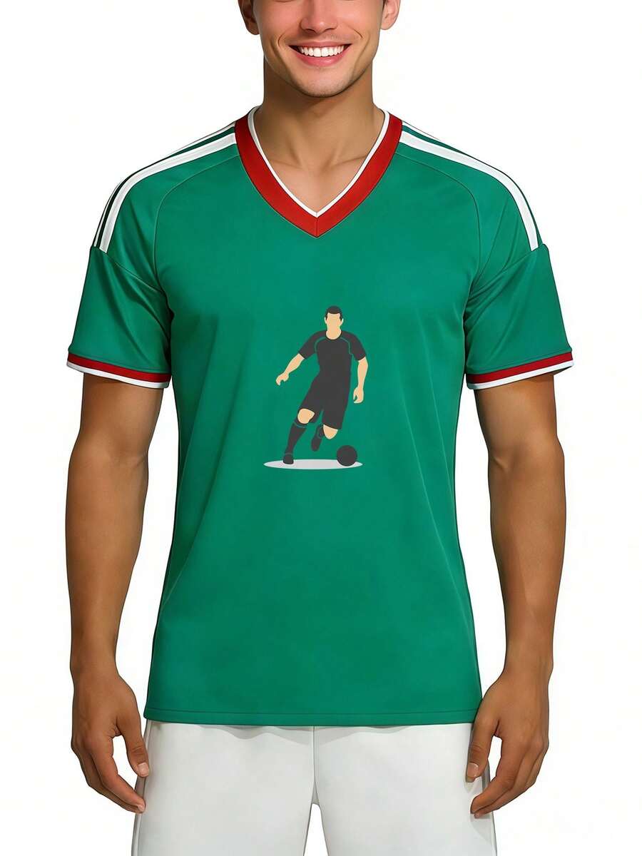 Camiseta de Estilo Deportivo Casual para la Temporada de Fútbol 2026, Jersey con Cuello en V y Gráficos de Jugador de Fútbol, Camiseta de Verano para Fanáticos del Fútbol, para Hombres y Regalos - Verde - Ver 1