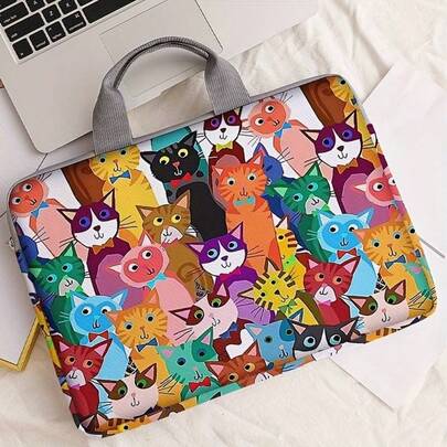 1 chiếc túi đựng laptop in hình mèo hoạt hình nhiều màu sắc, làm từ vải polyester, phù hợp với laptop 14 inch, có khóa kéo.