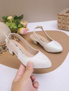 Girls' Heeled Sandals With Adjustable Activity Buttons,Pointed High Heels,Performance Shoes,Dance Party Dress Shoes, Versatile Shoes For All Seasons . - White - View 2